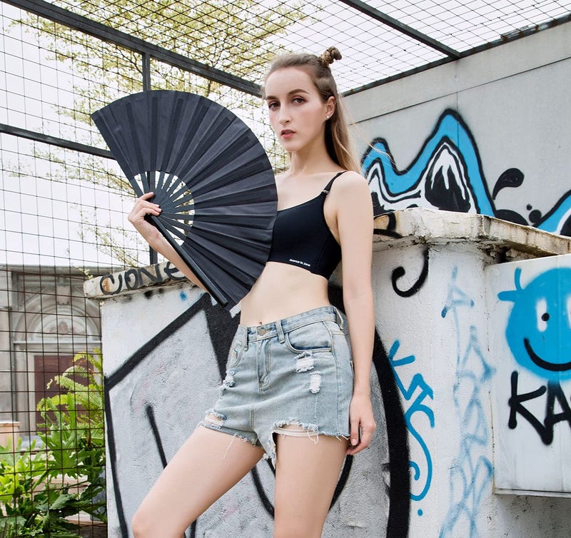 Amajiji Large Folding Fan, Chinease/Japanese Folding Nylon-Cloth Hand Fan, Women Hand Folding Fans Hand Fan Gift fan Craft fan Folding Fan Dance Fan (Black) - Image 5